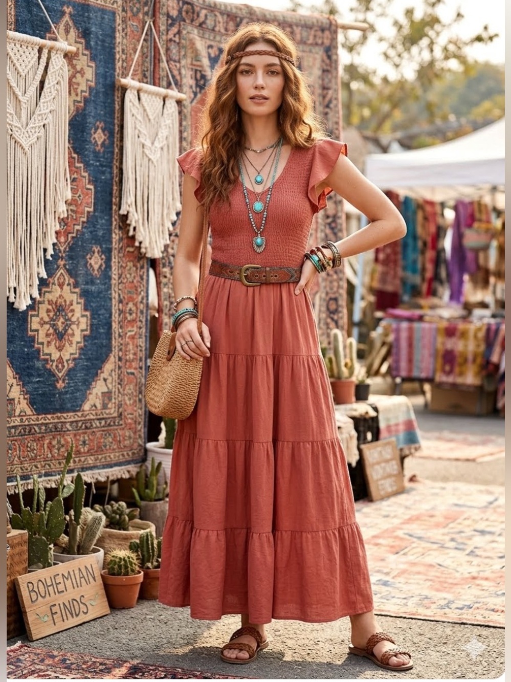 Granola Girl Terracotta Smocked Maxi Dress Whimsigoth Boho Hippie Festival M